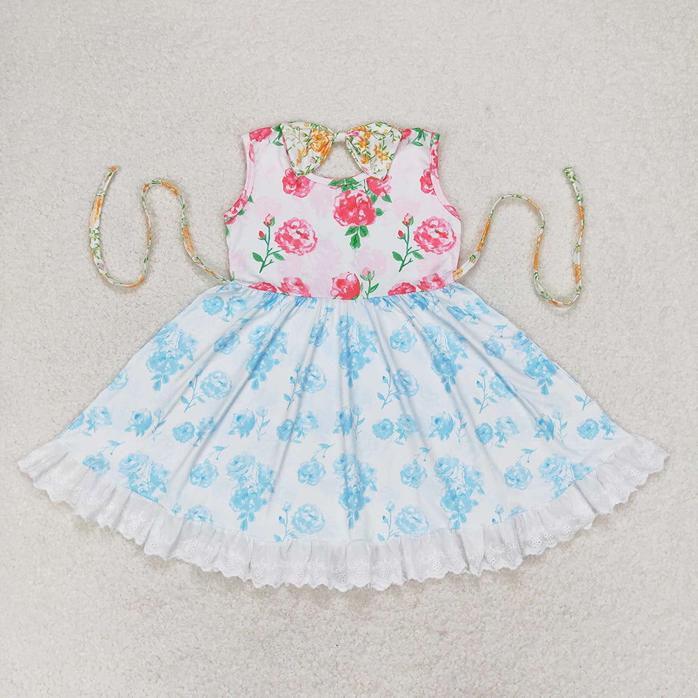 Sibling Baby Girls Bows Flowers Pockets Ruffle Knee Length Dresses With Belt
