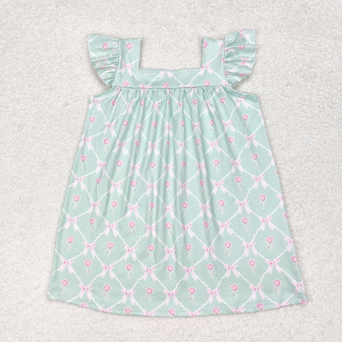 Sibling Baby Girls Flowers Plaid Flutter Sleeve Ruffle Knee Length Dresses