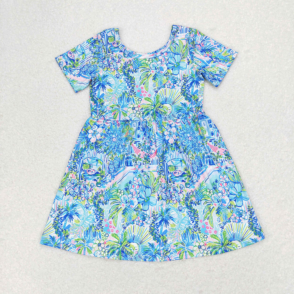 Sibling Baby Girls Sea Flowers Short Sleeve Knee Length Dresses