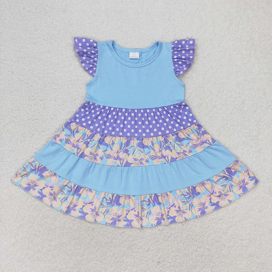 GSD1164 baby girls purple flowers patchwork flutter sleeve twirl dresses