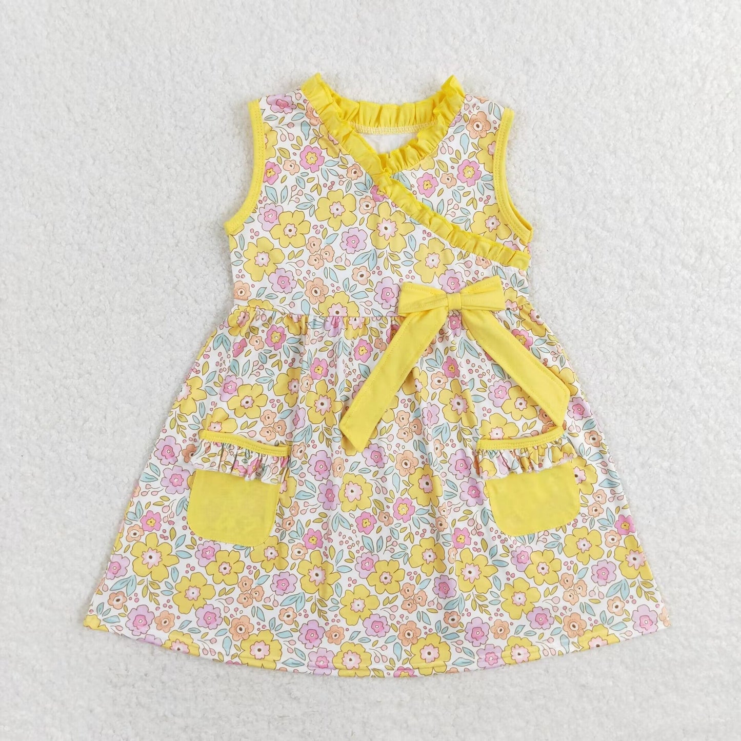 Sibling Baby Girls Sleeveless Flowers Pockets Ruffle Knee Length Dresses