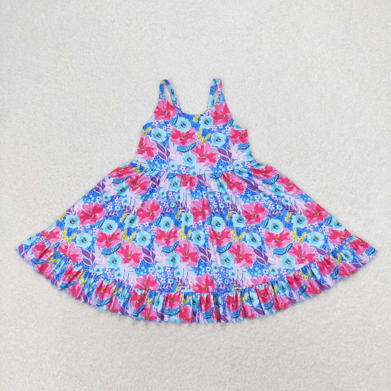 Sibling Baby Girls Strap Flowers Plaid Ruffle Knee Length Dresses
