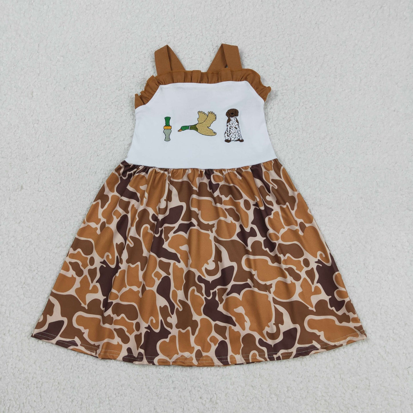 GSD1518 Baby Girls Strap Embroidery Duck Dogs Khaki Camo Hunting Knee Length Dress