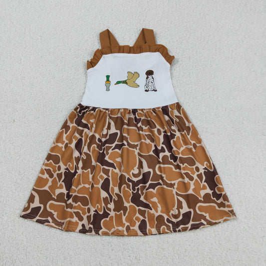 GSD1518 Baby Girls Strap Embroidery Duck Dogs Khaki Camo Hunting Knee Length Dress