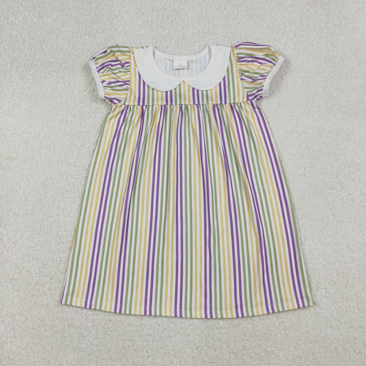 GSD1571 Baby Girls Mardigras Stripes Short Ruffle Sleeve Collar Knee Length Dresses