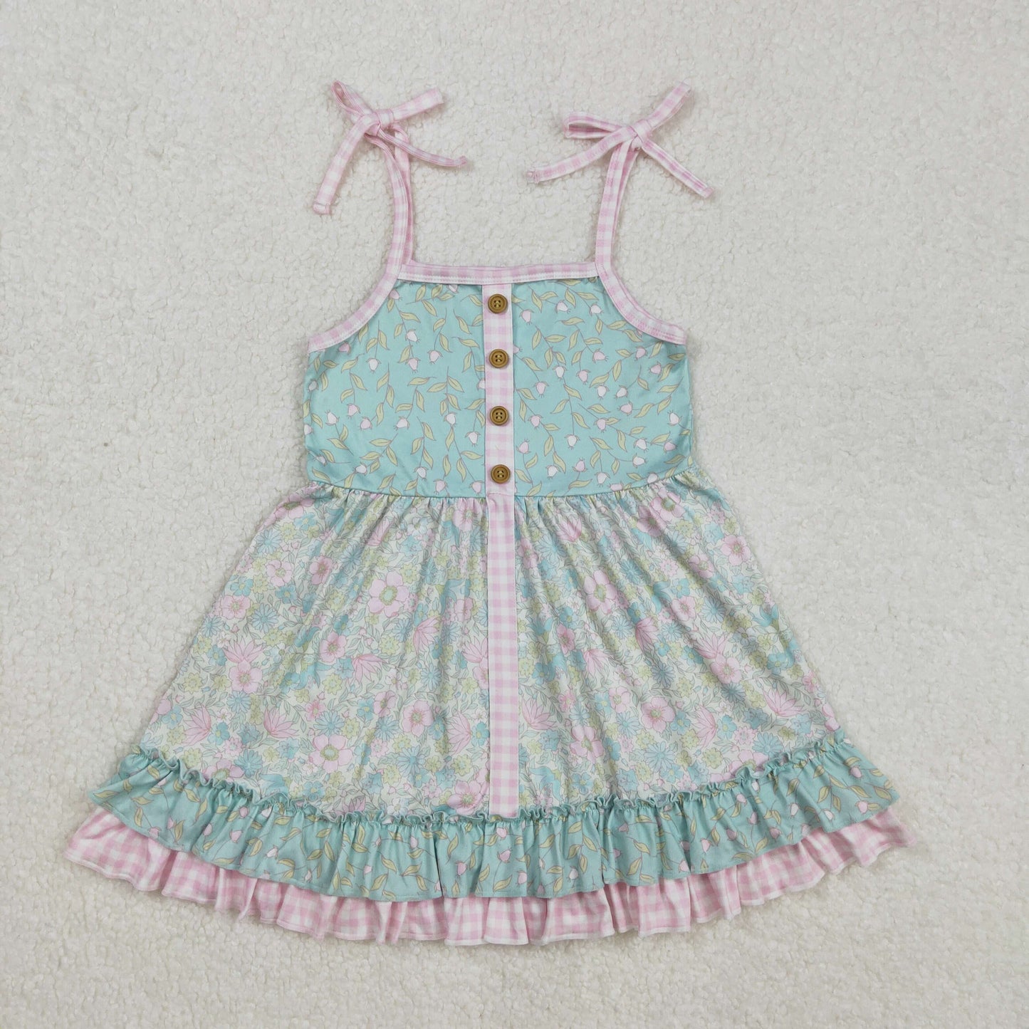 Sibling Baby Girls Straps Leopard Flowers Plaid Ruffle Knee Length Dresses