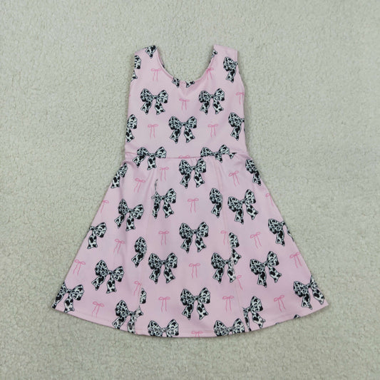 GSD1853 Baby Girls Cow Print Bows Plaid Yoga Active Shorts Knee Length Dresses