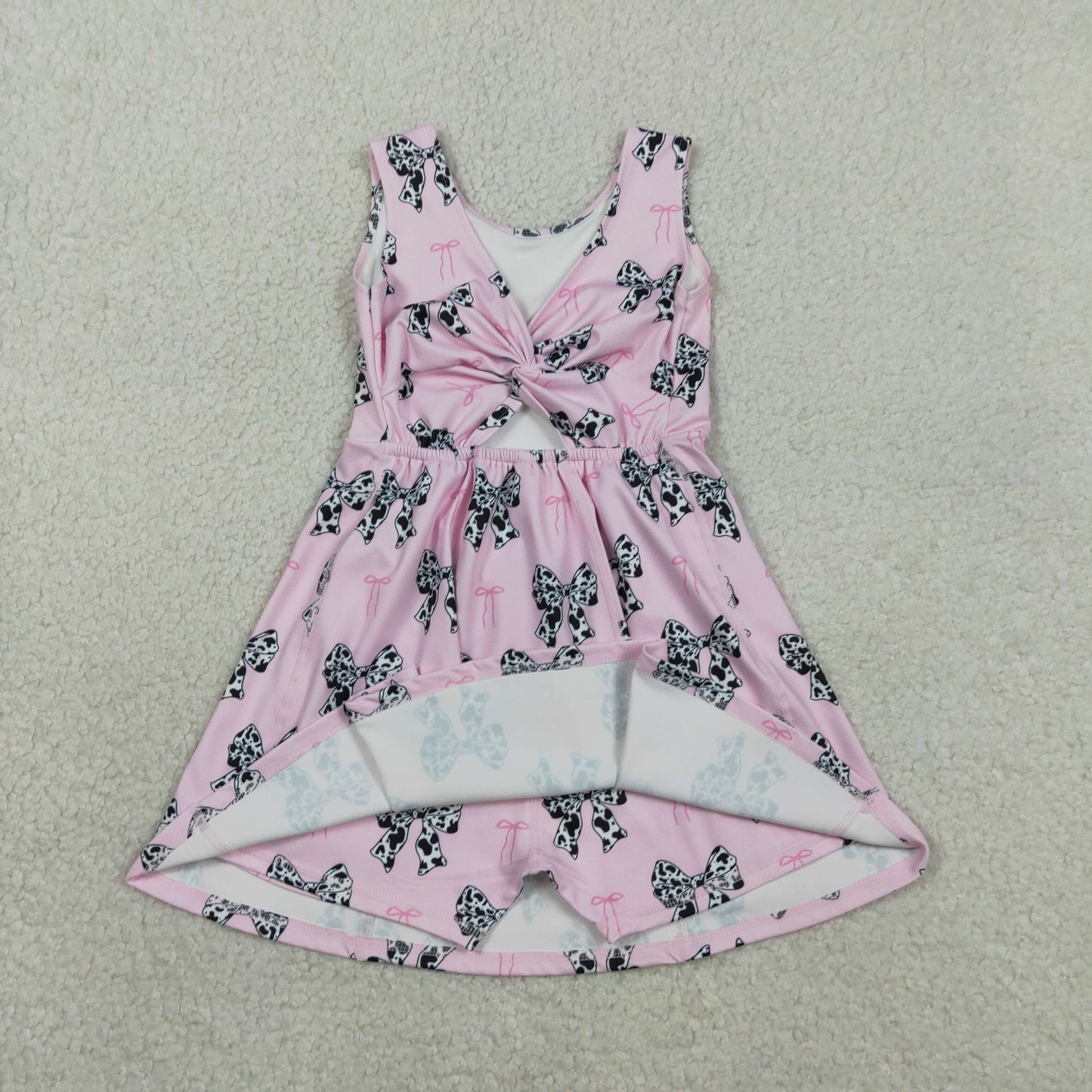 GSD1853 Baby Girls Cow Print Bows Plaid Yoga Active Shorts Knee Length Dresses