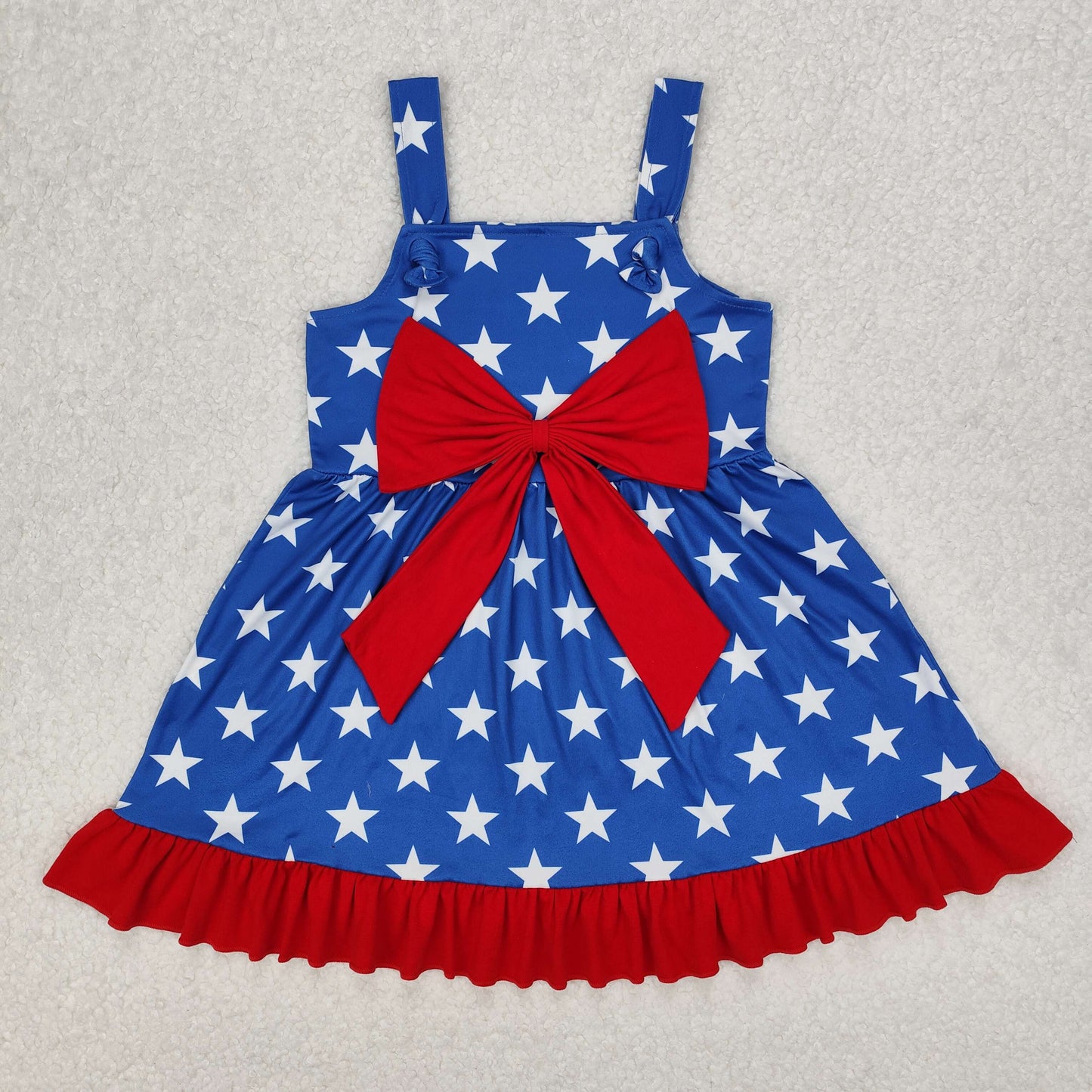 Sibling Baby Girls Strap Bows Top Stars 4th of July Ruffle Knee Length Dresses