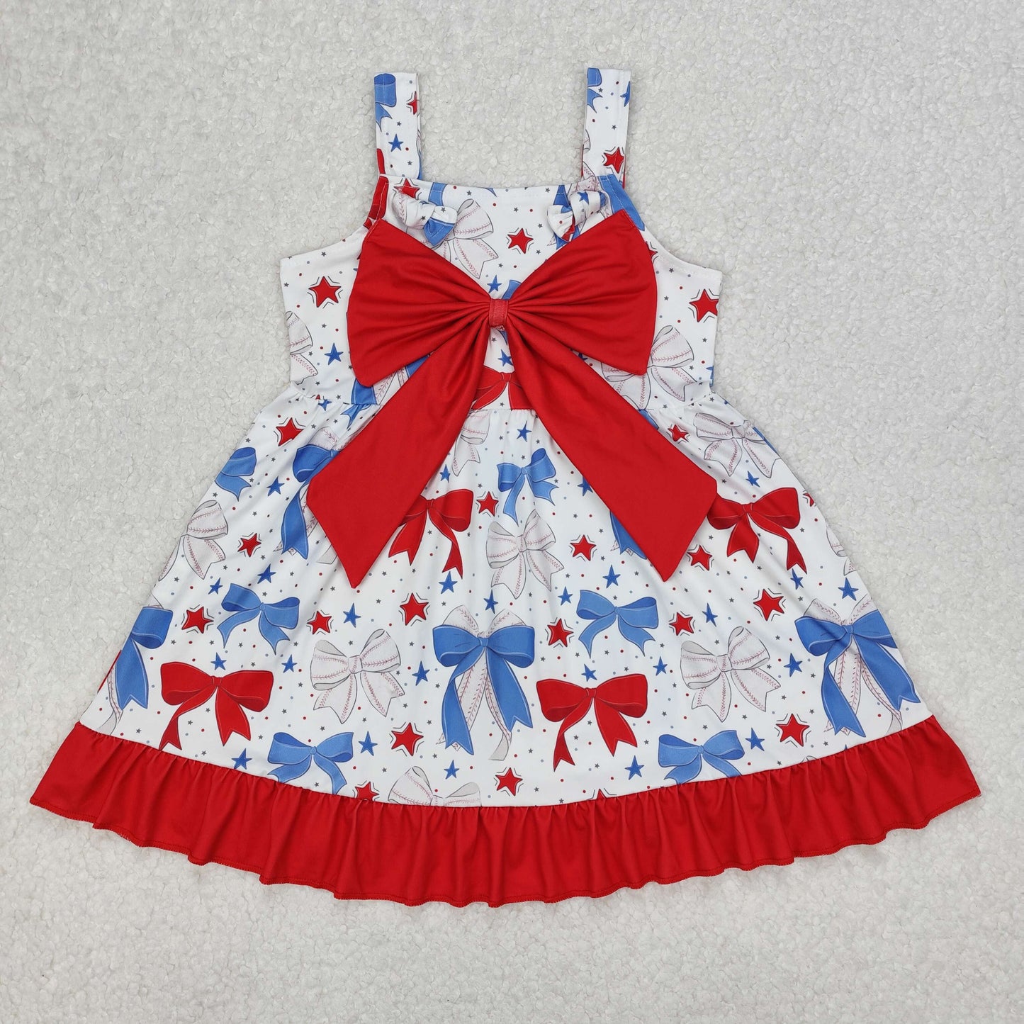 Sibling Baby Girls Strap Bows Top Stars 4th of July Ruffle Knee Length Dresses
