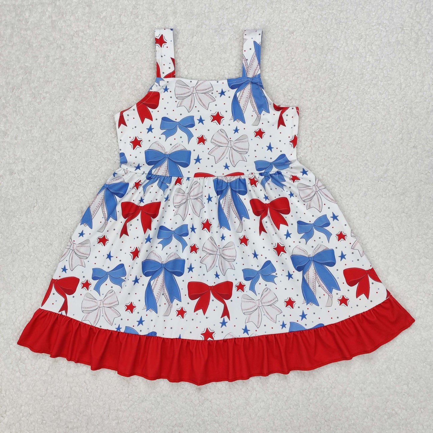 Sibling Baby Girls Strap Bows Top Stars 4th of July Ruffle Knee Length Dresses