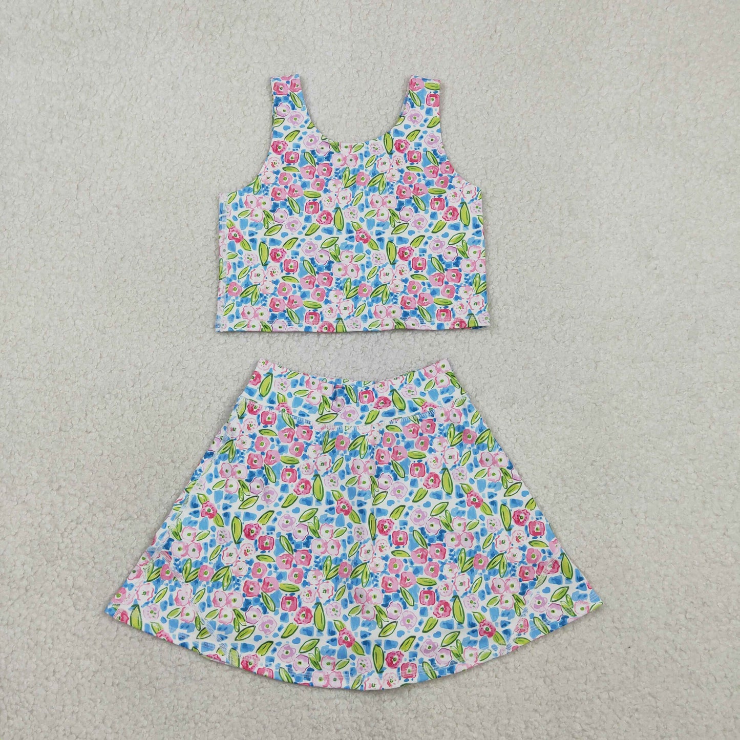 GSD1988 Baby Girls Blue Flowers Yoga Crop Top Skorts Skirts Outfits Active Sets