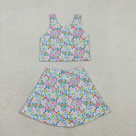 GSD1988 Baby Girls Blue Flowers Yoga Crop Top Skorts Skirts Outfits Active Sets