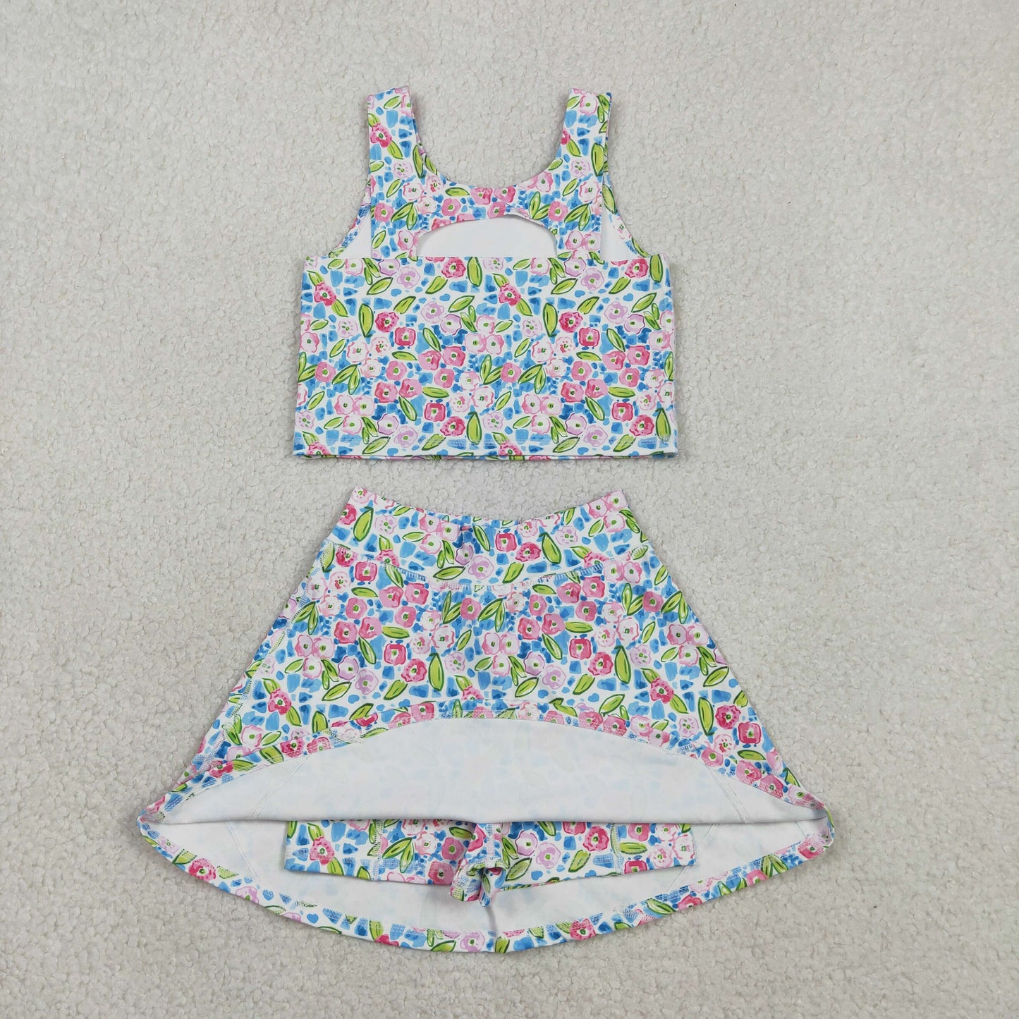 GSD1988 Baby Girls Blue Flowers Yoga Crop Top Skorts Skirts Outfits Active Sets