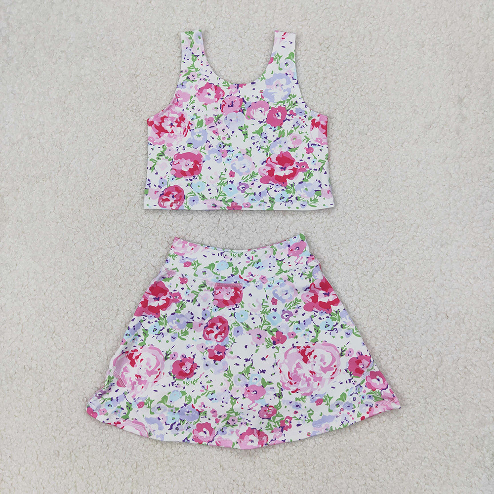 Sibling Baby Girls Flowers Sleeveless Athletic Skorts Sets Dresses