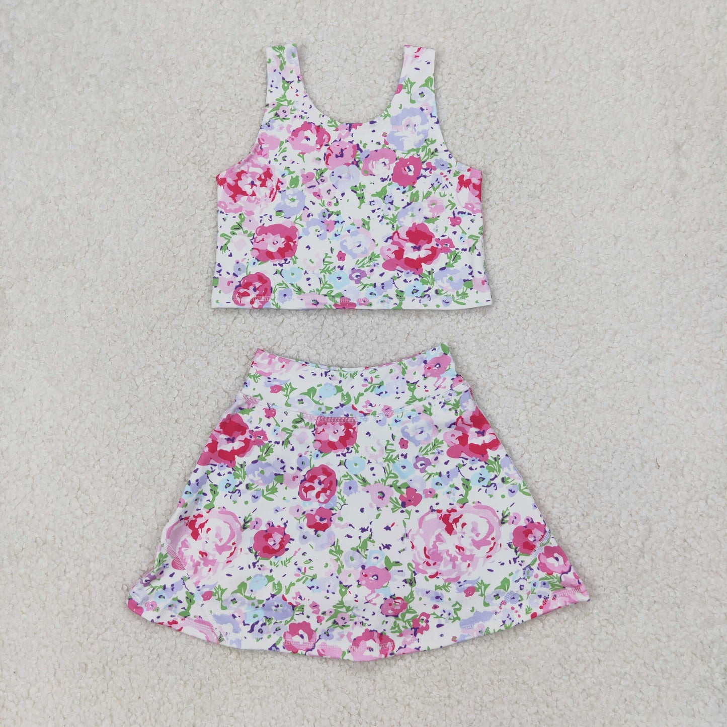 Sibling Baby Girls Flowers Bows Sleeveless Vest Yoga Athletic Skorts Sets