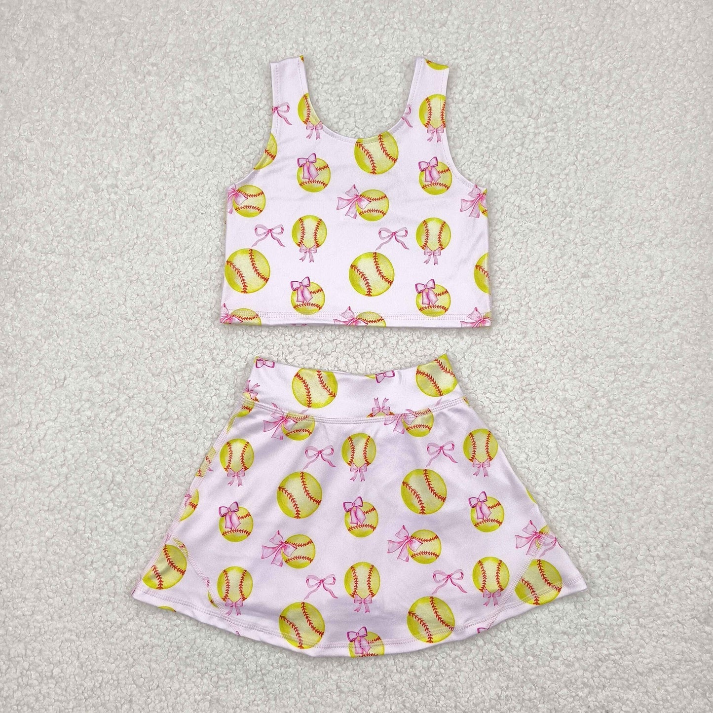 Sibling Baby Girls Softball Bows Yoga Active Knee Length Dress Skorts Clothes Set Zipper Rompers