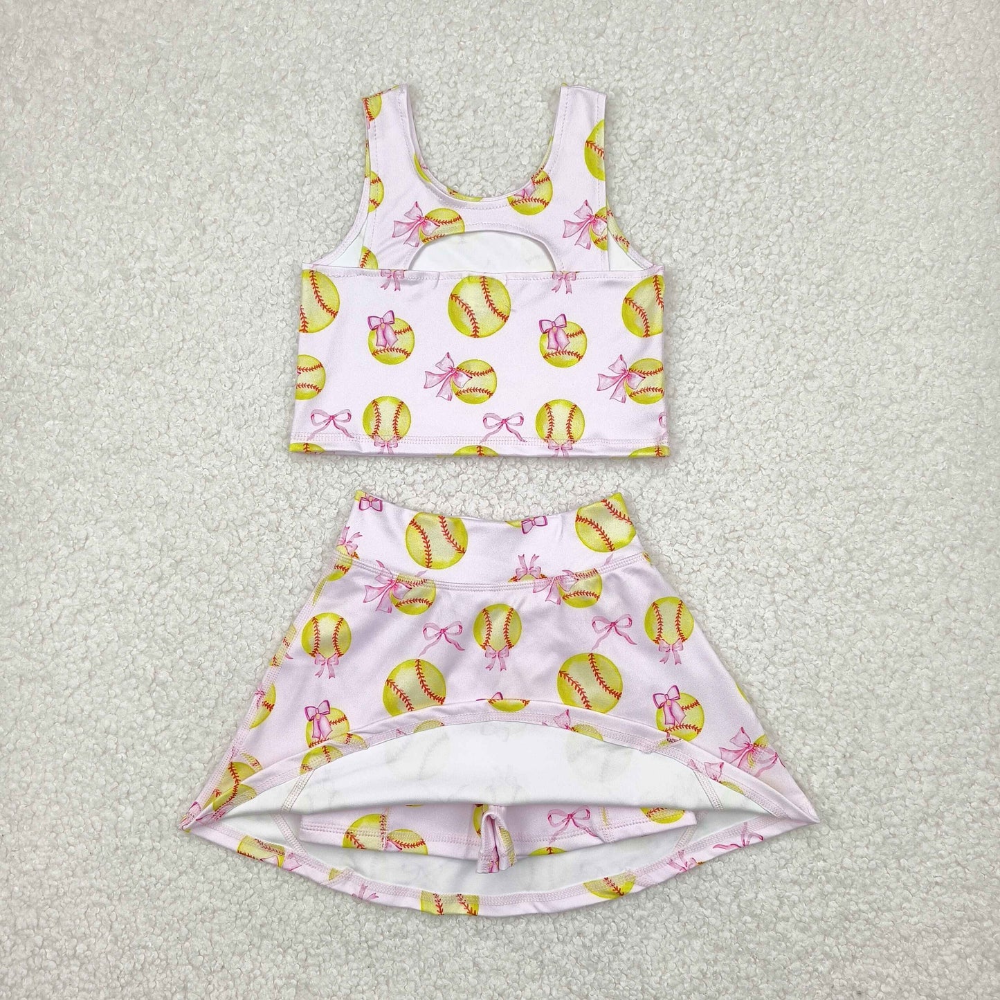 Sibling Baby Girls Softball Bows Yoga Active Knee Length Dress Skorts Clothes Set Zipper Rompers