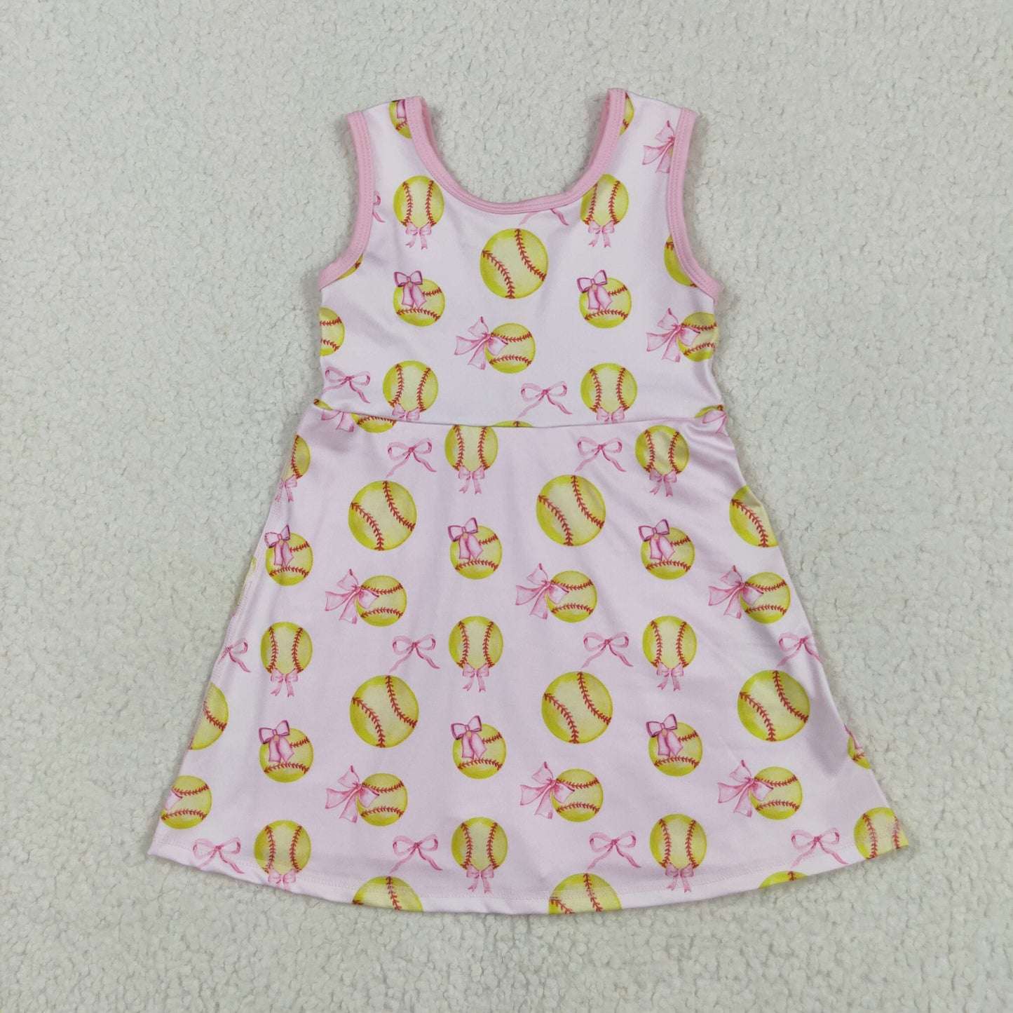 Sibling Baby Girls Softballs Baseballs Bows Yoga Active Short Team Knee Length Dresses