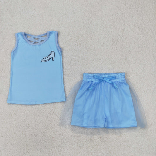 GSD2063 Baby Girls Blue Sleeveless Princess Shoes Top Tassel Shorts Clothes Sets