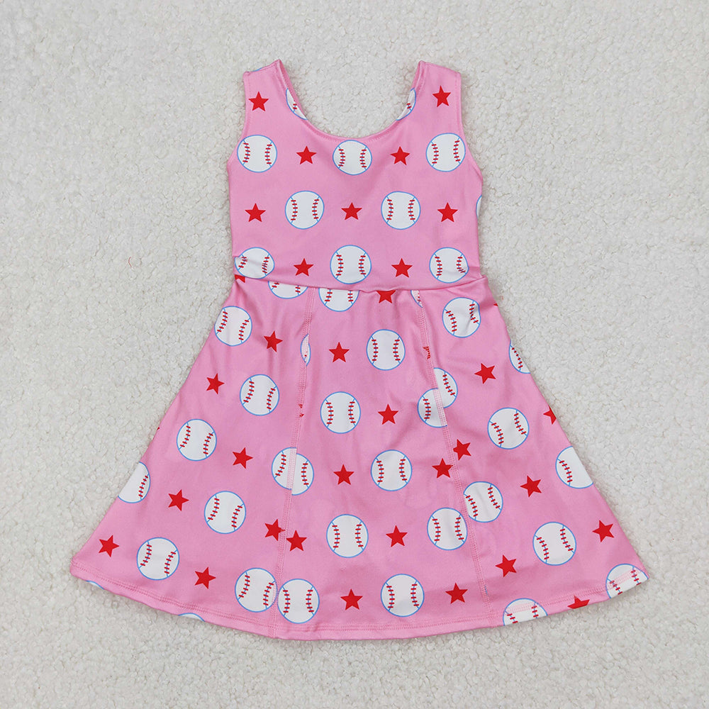 GSD2135 Baby Girls Baseballs Stars Team Yoga Active Shorts Knee Length Dresses