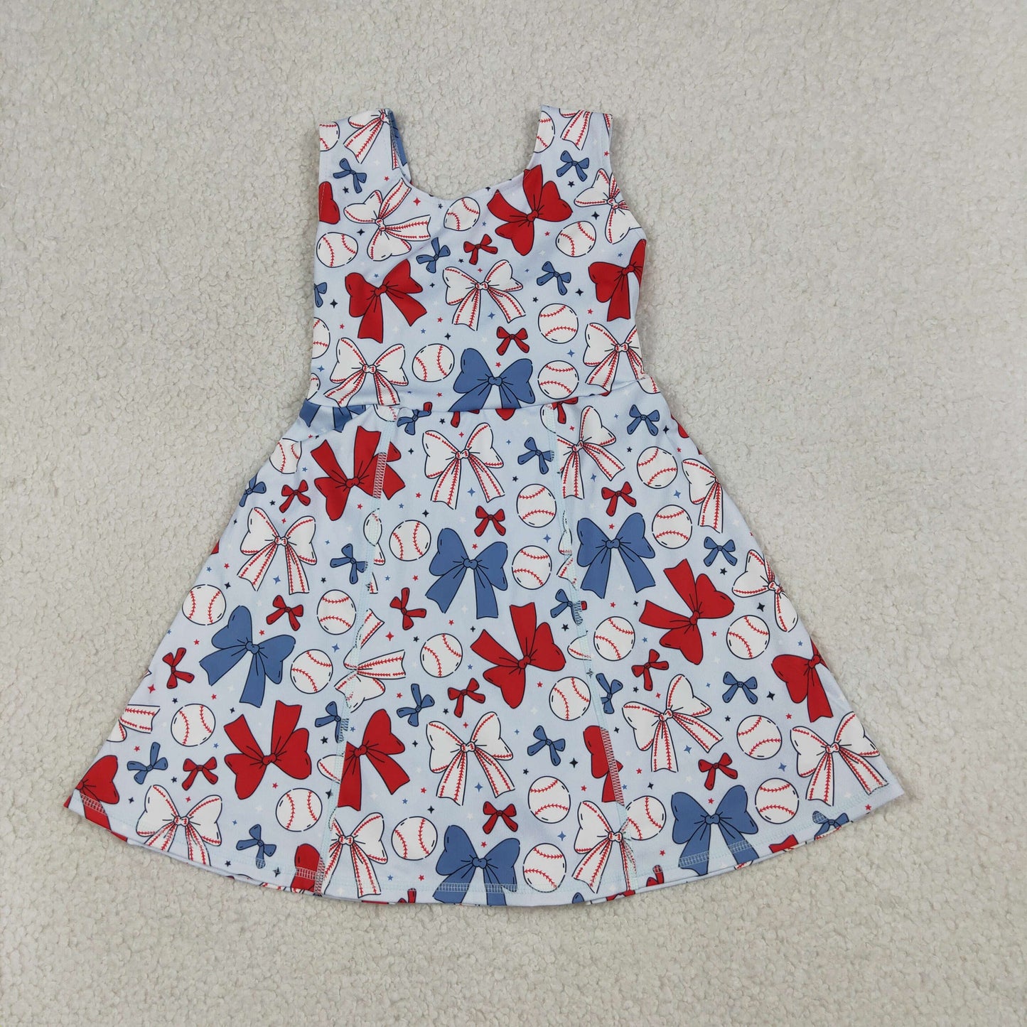 GSD2150 Baby Girls Baseballs Bows July 4th Team Yoga Active Shorts Knee Length Dresses