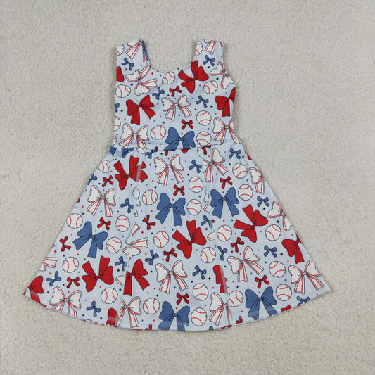 GSD2150 Baby Girls Baseballs Bows July 4th Team Yoga Active Shorts Knee Length Dresses