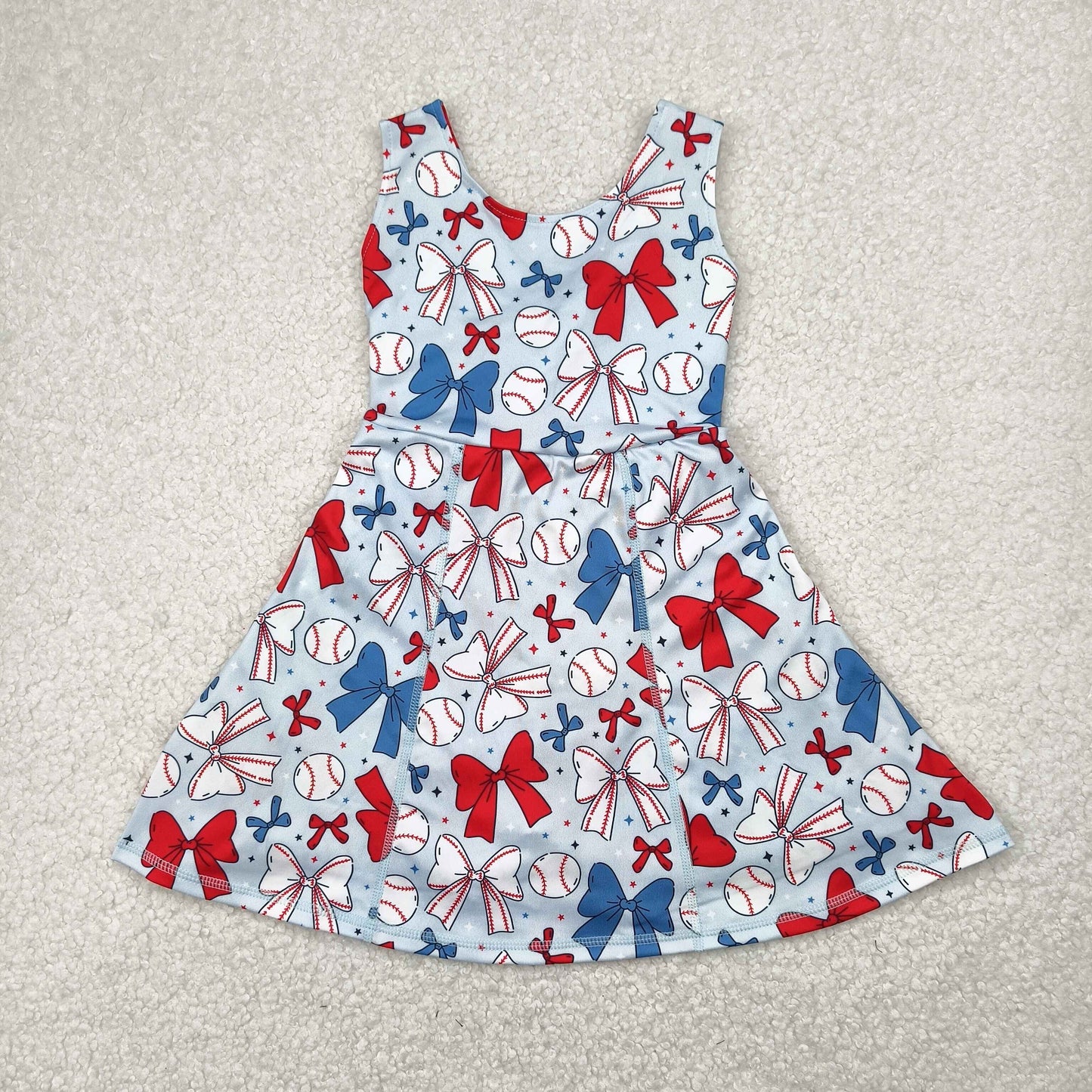 Sibling Baby Girls Softballs Baseballs Bows Yoga Active Short Team Knee Length Dresses