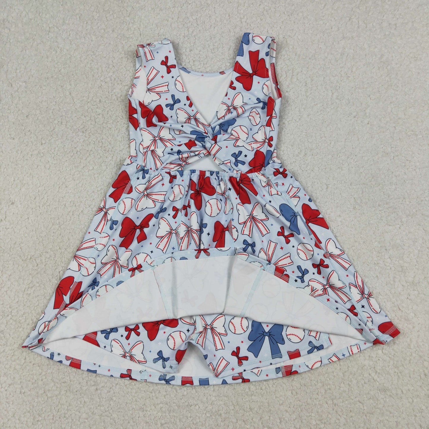 GSD2150 Baby Girls Baseballs Bows July 4th Team Yoga Active Shorts Knee Length Dresses