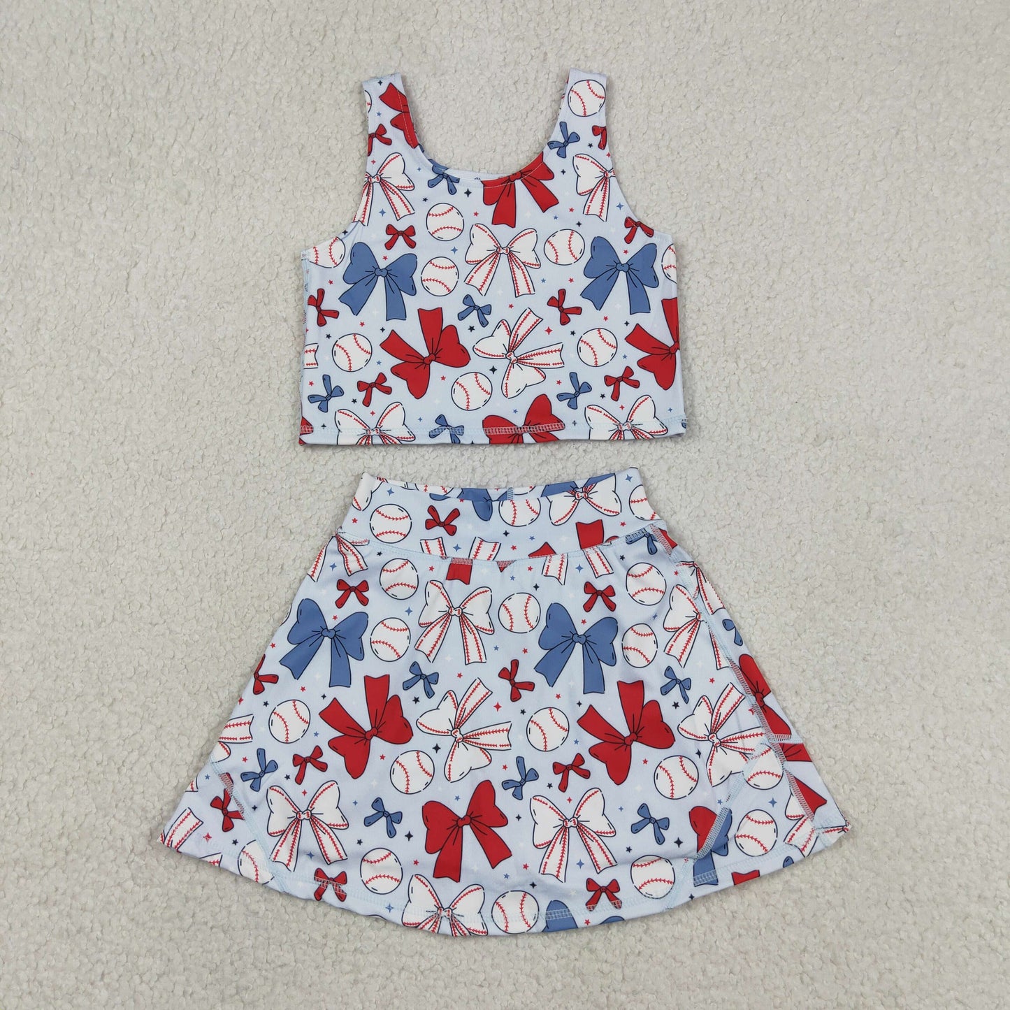 GSD2151 Baby Girls Softball 4th of july Bows Crop Top Skorts Skirts Outfits Active Sets