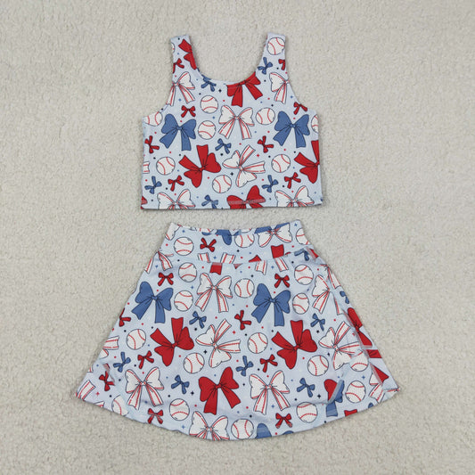 GSD2151 Baby Girls Softball 4th of july Bows Crop Top Skorts Skirts Outfits Active Sets