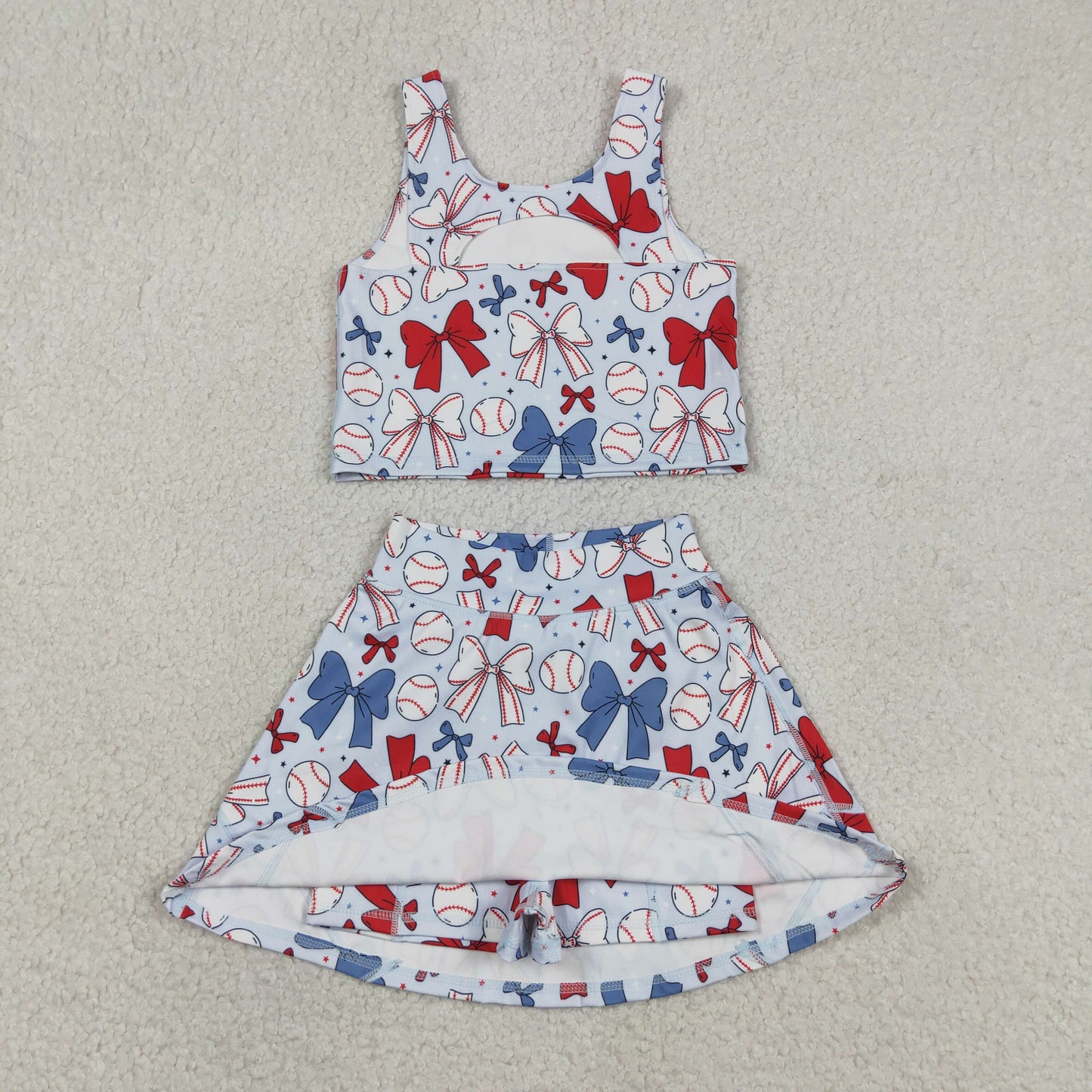 GSD2151 Baby Girls Softball 4th of july Bows Crop Top Skorts Skirts Outfits Active Sets