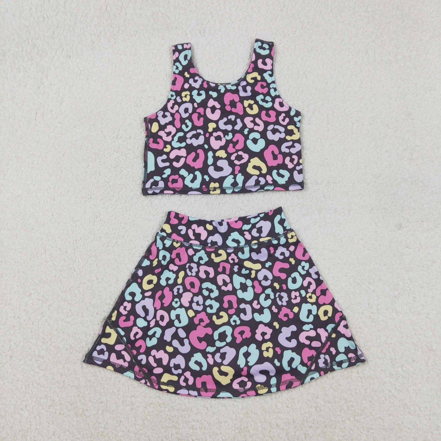 Sibling Baby Girls Colorful Leopard Shorts Yoga Clothes Set Knee Length Dresses