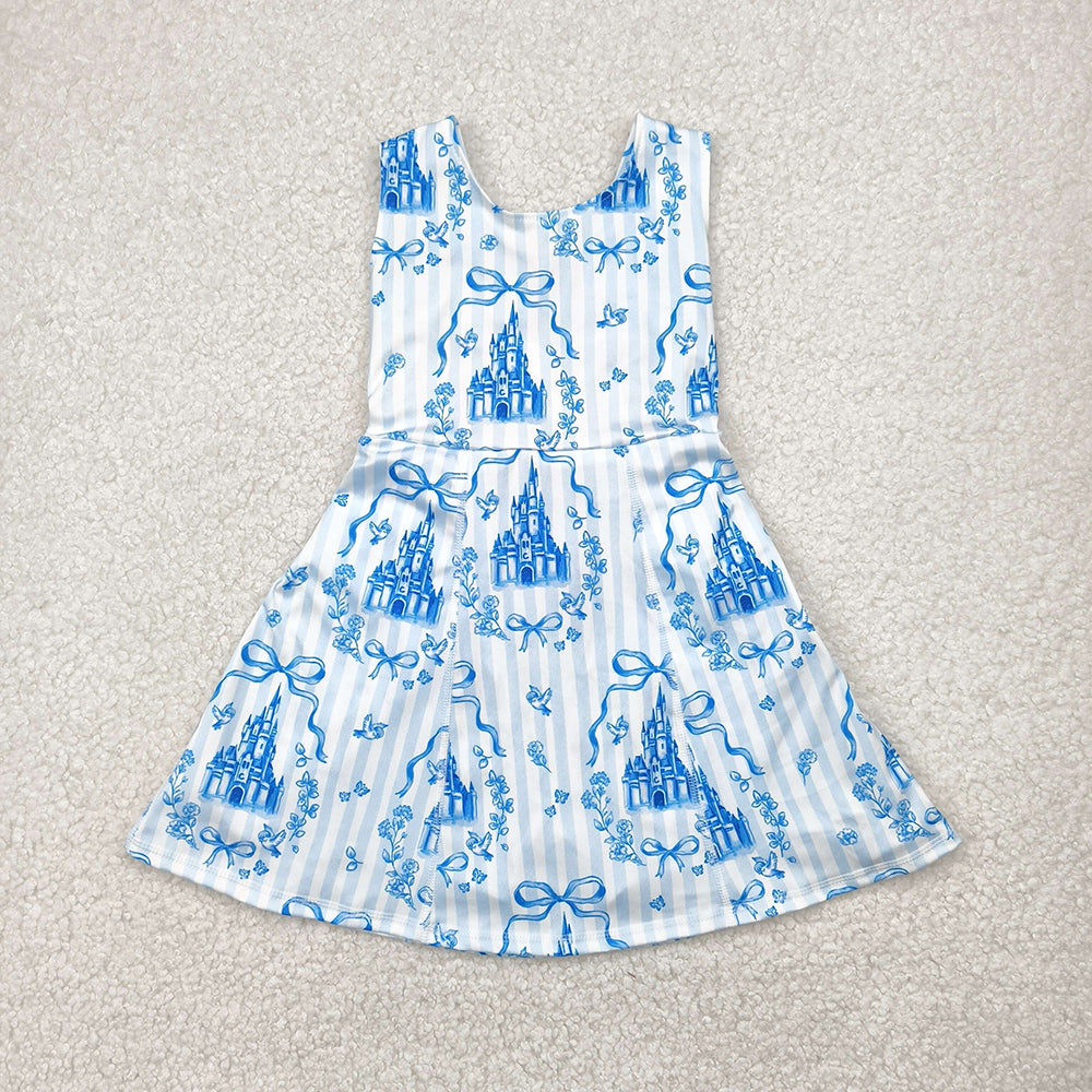 GSD2200 toddler girl clothes blue castle Bows athletic summer yoga dresses