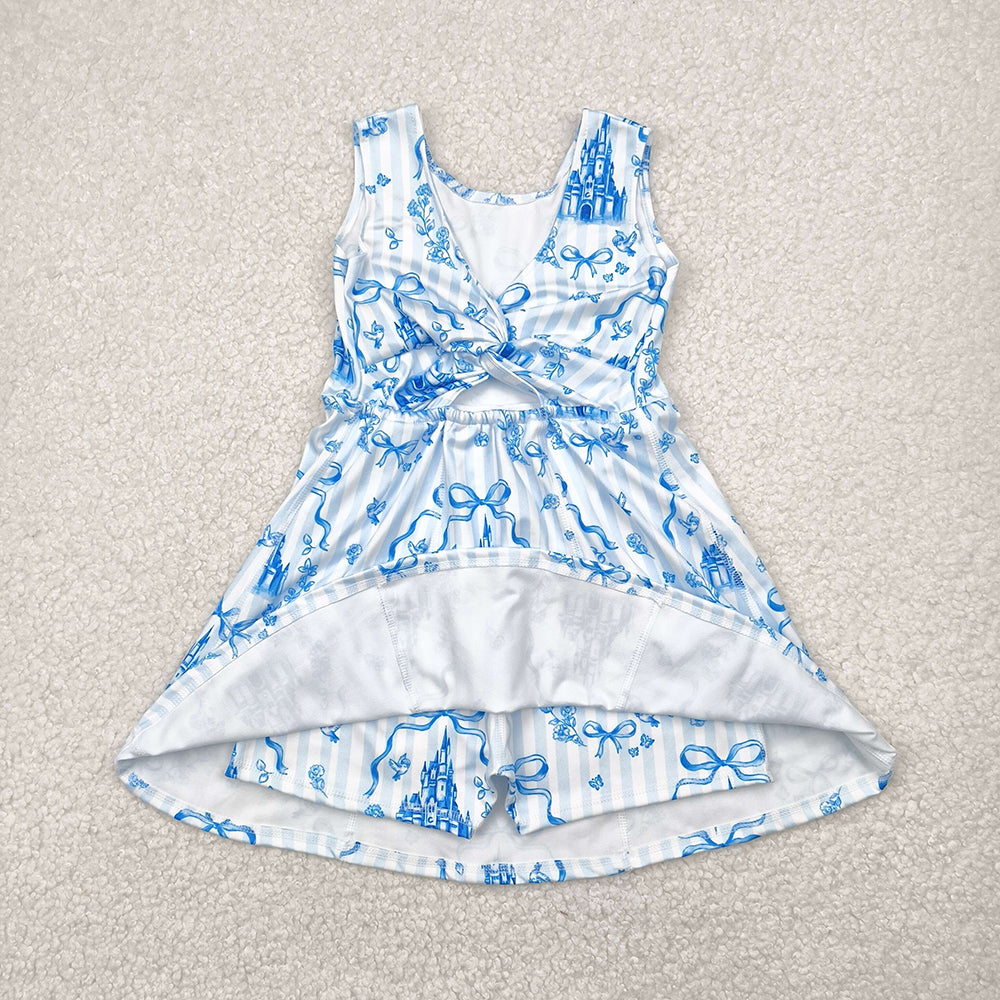 GSD2200 toddler girl clothes blue castle Bows athletic summer yoga dresses