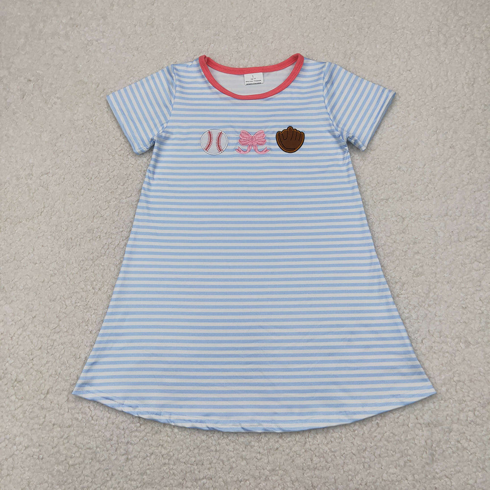 Sibling Embroidery Baby Girls Stripe Bows Baseball Knee Length Dresses