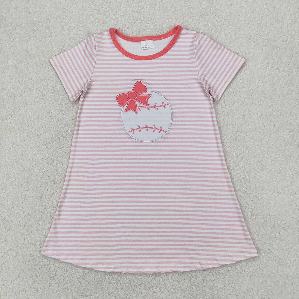 Sibling Embroidery Baby Girls Stripe Bows Baseball Knee Length Dresses