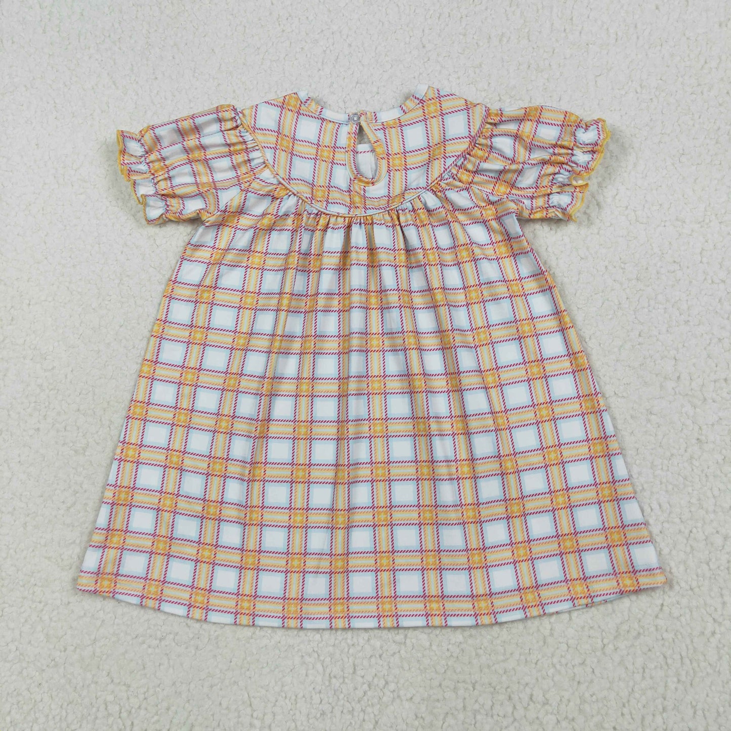 GSD2276 Girls Khaki Checkered farm animals Smocked Embroidery Dresses