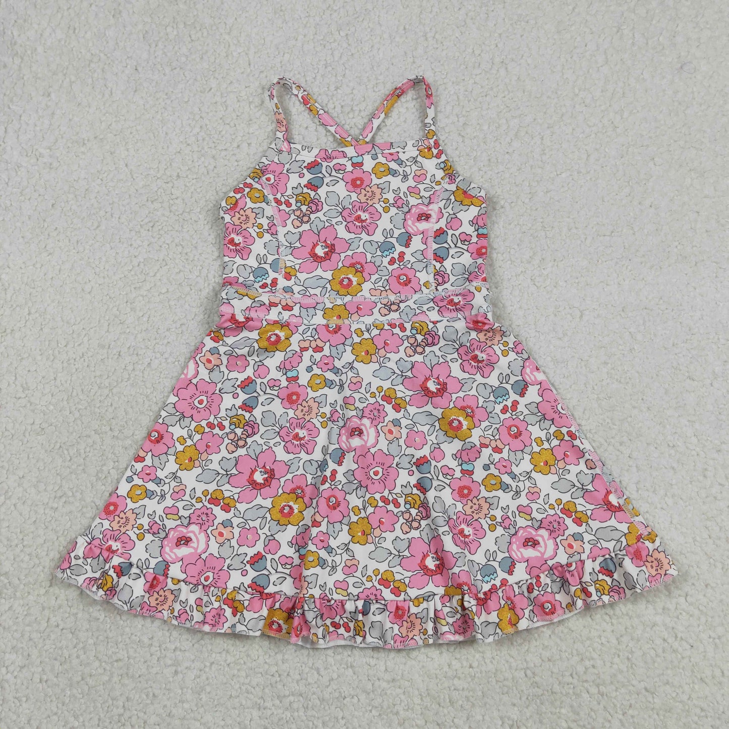 GSD2278 Baby Girls Strap Colorful Flowers Yoga Active Short Ruffle Knee Length Dress