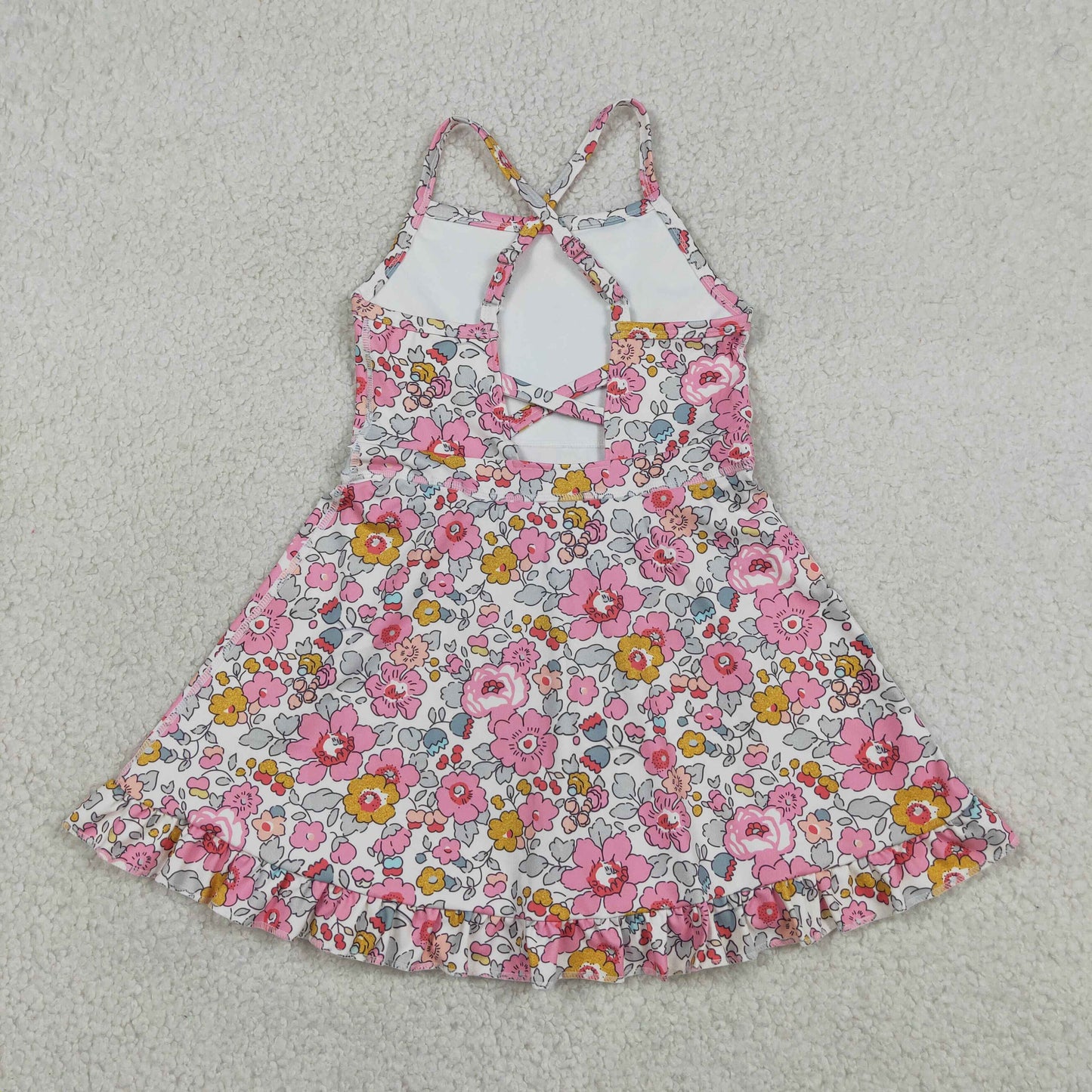 GSD2278 Baby Girls Strap Colorful Flowers Yoga Active Short Ruffle Knee Length Dress