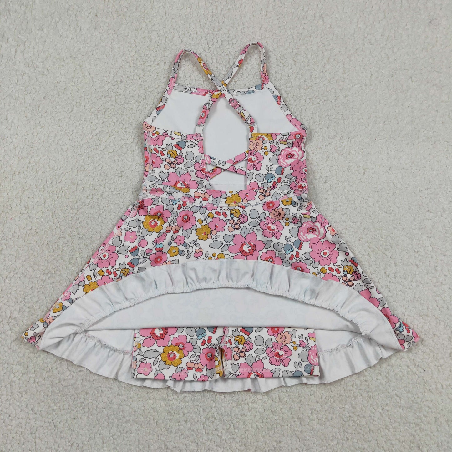 GSD2278 Baby Girls Strap Colorful Flowers Yoga Active Short Ruffle Knee Length Dress
