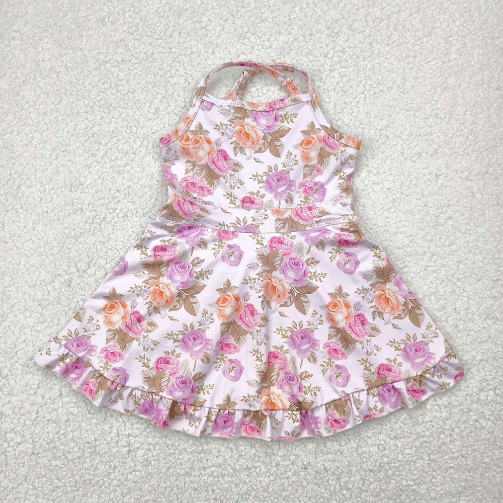 GSD2280 toddler girl clothes pink big flowers athletic summer yoga dresses