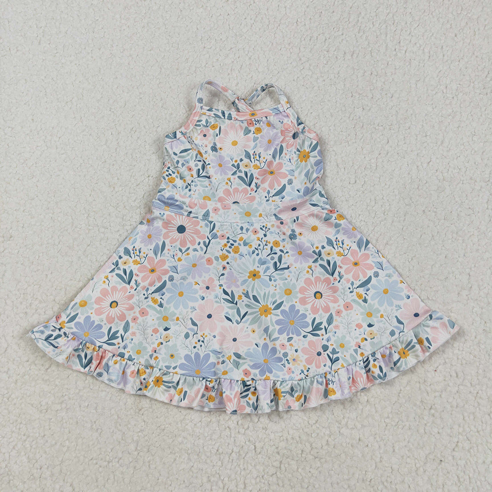 GSD2281 toddler girl clothes blue flowers athletic summer yoga dresses