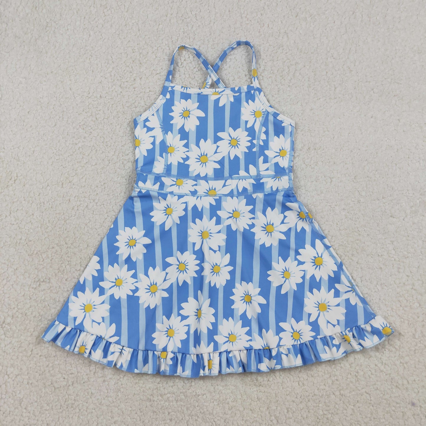 GSD2283 Baby Girls Blue Stripe Flowers Shorts Yoga Active Ruffle Knee Length Dresses