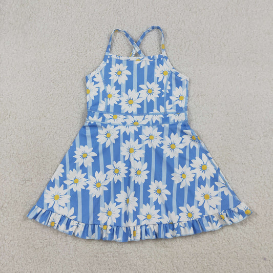 GSD2283 Baby Girls Blue Stripe Flowers Shorts Yoga Active Ruffle Knee Length Dresses
