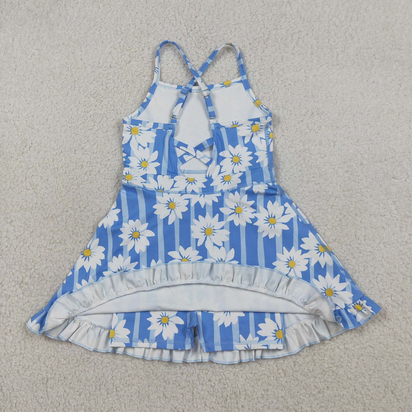 GSD2283 Baby Girls Blue Stripe Flowers Shorts Yoga Active Ruffle Knee Length Dresses