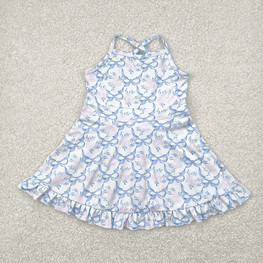 GSD2290 toddler girl clothes blue flowers Bows athletic summer yoga dresses
