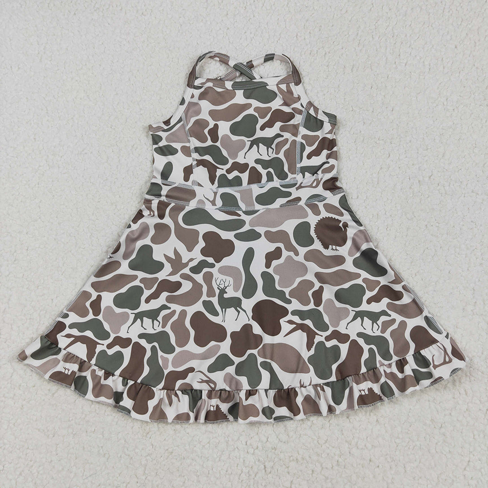 Sibling 6 colors Baby Girls Strap Camo Yoga Ruffle Knee Length Dresses