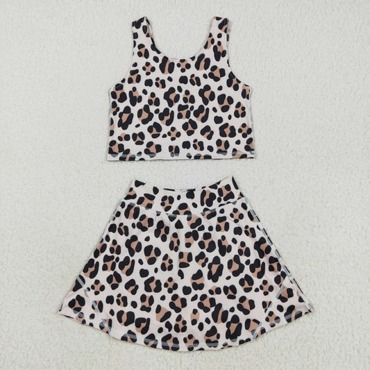 GSD2327 Baby Girls Black Leopard Vest Top Skirt Shorts Yoga Active Clothes Sets