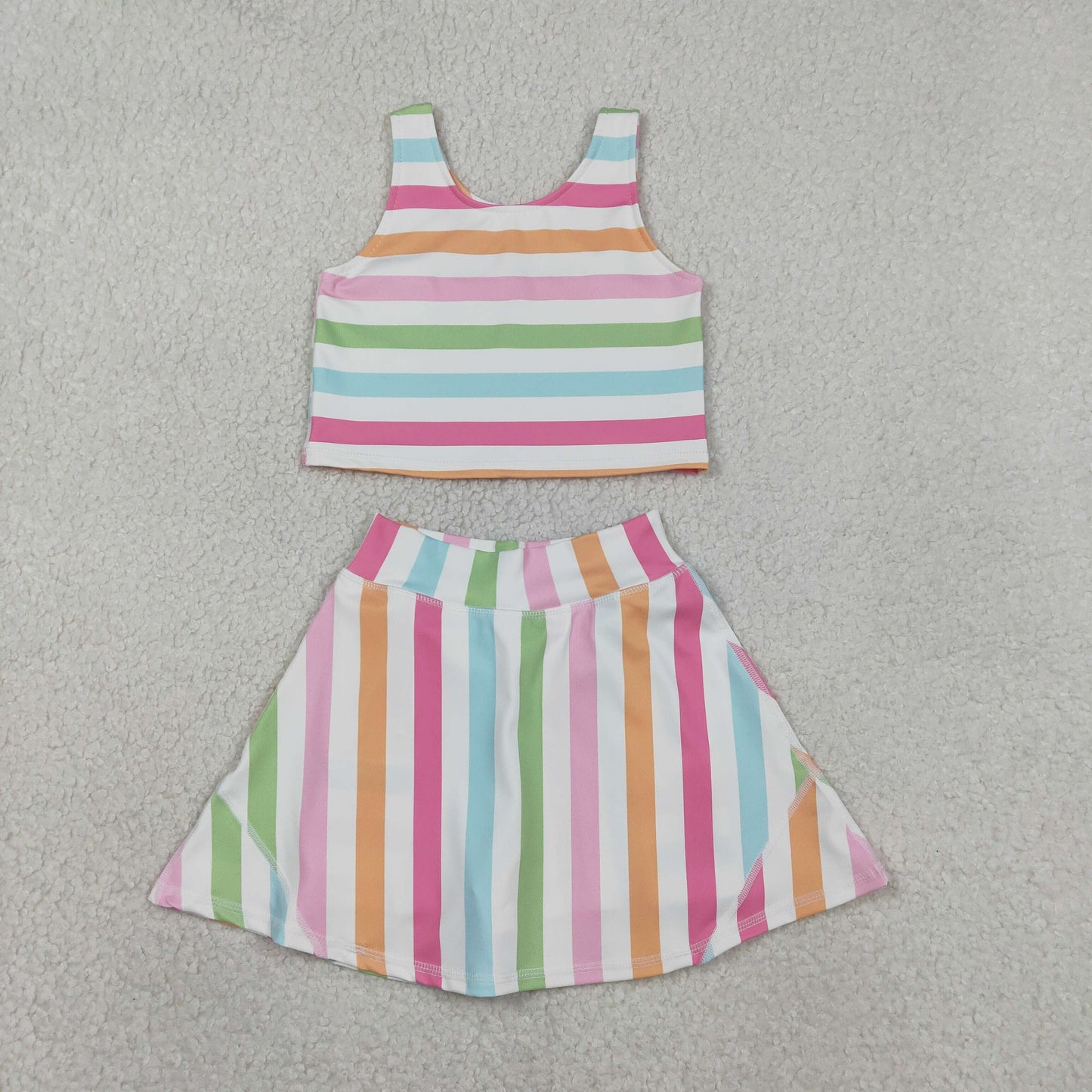 GSD2348 Baby Girls Colorful Stripe Vest Top Skirt Shorts Yoga Active Clothes Sets